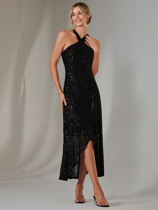 Cross Neck Frill Hem Maxi Dress, Black