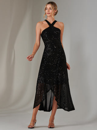 Cross Neck Frill Hem Maxi Dress, Black