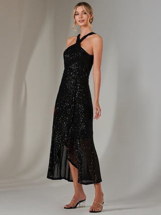 Cross Neck Frill Hem Maxi Dress, Black