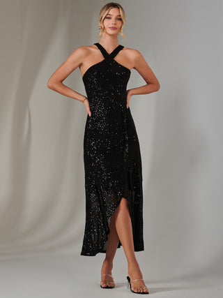 Cross Neck Frill Hem Maxi Dress, Black