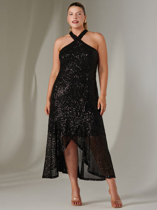 Cross Neck Frill Hem Maxi Dress, Black