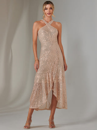 Cross Neck Frill Hem Maxi Dress, Rose Gold