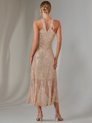 Cross Neck Frill Hem Maxi Dress, Rose Gold