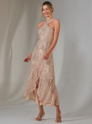 Cross Neck Frill Hem Maxi Dress, Rose Gold