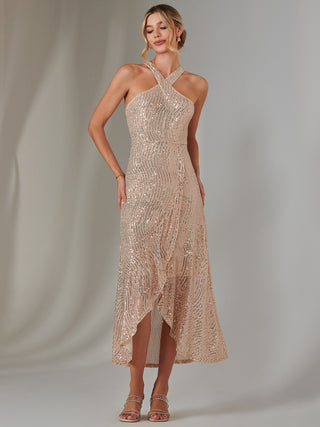 Cross Neck Frill Hem Maxi Dress, Rose Gold