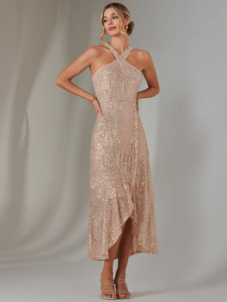 Cross Neck Frill Hem Maxi Dress, Rose Gold