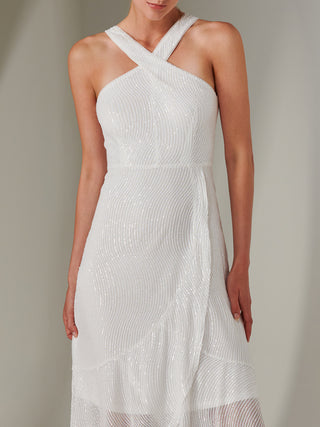 Cross Neck Frill Hem Maxi Dress, White