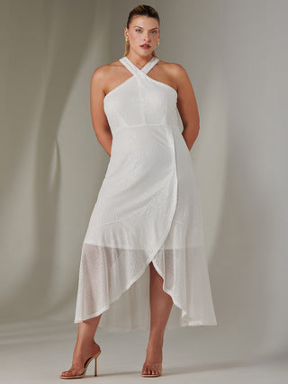 Cross Neck Frill Hem Maxi Dress, White