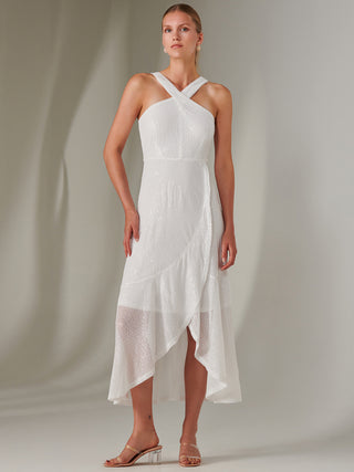 Cross Neck Frill Hem Maxi Dress, White