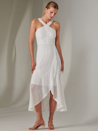 Cross Neck Frill Hem Maxi Dress, White