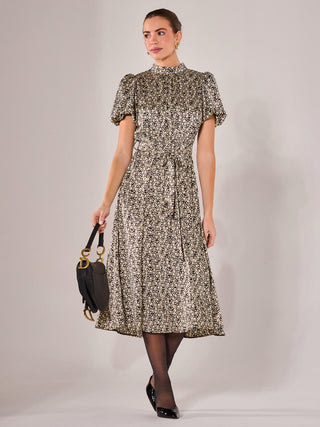Puff Sleeve Tie Waist Midi Dress, Black Cream
