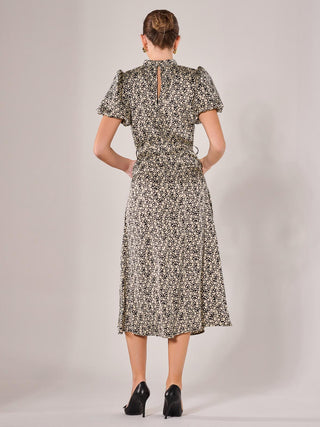 Puff Sleeve Tie Waist Midi Dress, Black Cream