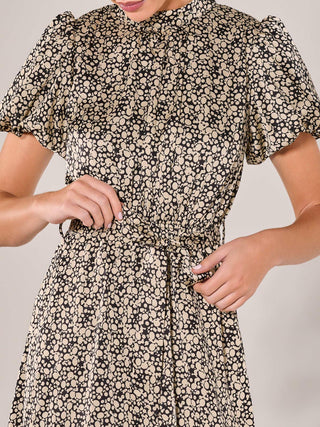 Puff Sleeve Tie Waist Midi Dress, Black Cream
