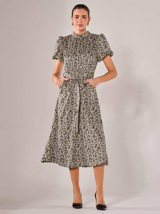 Puff Sleeve Tie Waist Midi Dress, Black Cream