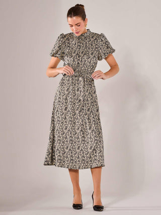 Puff Sleeve Tie Waist Midi Dress, Black Cream