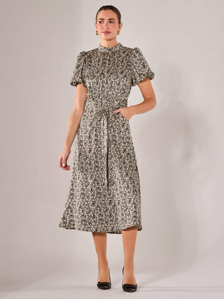 Puff Sleeve Tie Waist Midi Dress, Black Cream