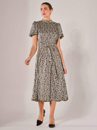 Puff Sleeve Tie Waist Midi Dress, Black Cream