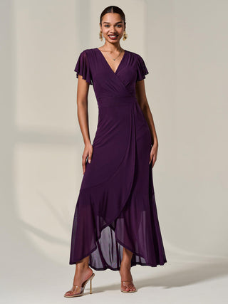 Plain Wrap Mesh Maxi Dress, Dark Purple
