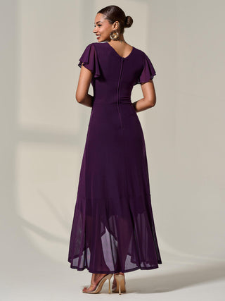 Plain Wrap Mesh Maxi Dress, Dark Purple