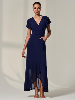 Plain Wrap Mesh Maxi Dress, Navy
