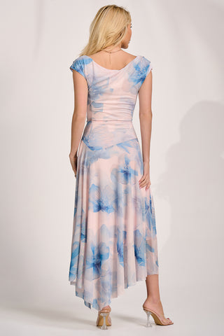 Asymmetric Draped Mesh Maxi Dress, Blue Floral