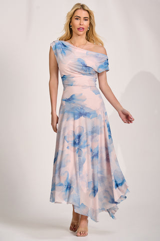 Asymmetric Draped Mesh Maxi Dress, Blue Floral