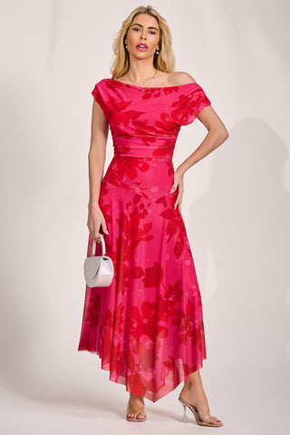 Asymmetric Draped Mesh Maxi Dress, Red Floral