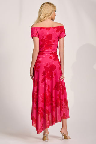 Asymmetric Draped Mesh Maxi Dress, Red Floral