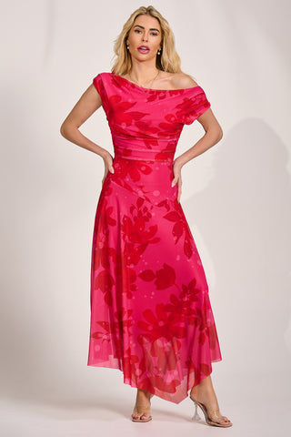 Asymmetric Draped Mesh Maxi Dress, Red Floral