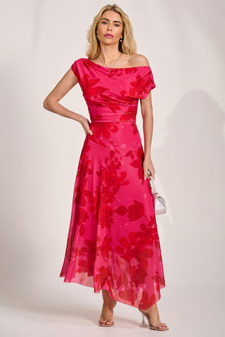 Asymmetric Draped Mesh Maxi Dress, Red Floral
