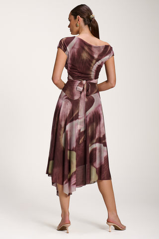 Asymmetric Draped Mesh Dress, Brown Multi