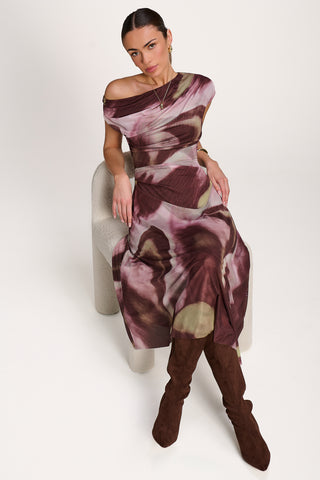 Asymmetric Draped Mesh Dress, Brown Multi