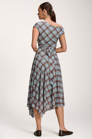 Asymmetric Draped Mesh Dress, Blue Check