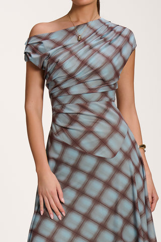 Asymmetric Draped Mesh Dress, Blue Check