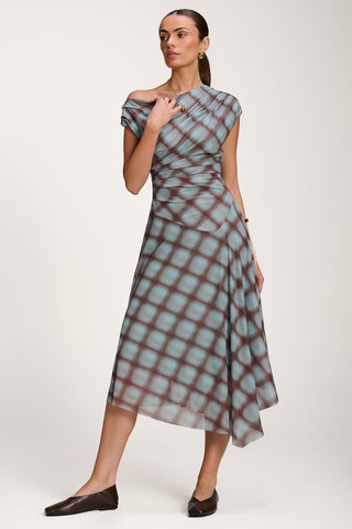Asymmetric Draped Mesh Dress, Blue Check
