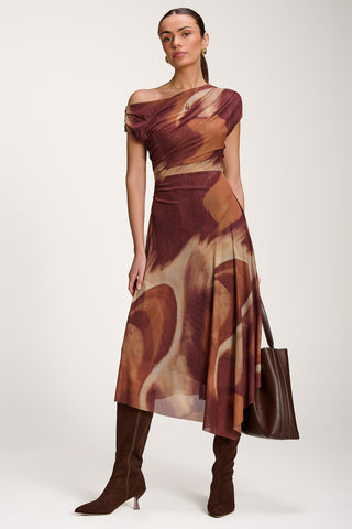 Asymmetric Draped Mesh Dress, Brown Abstract