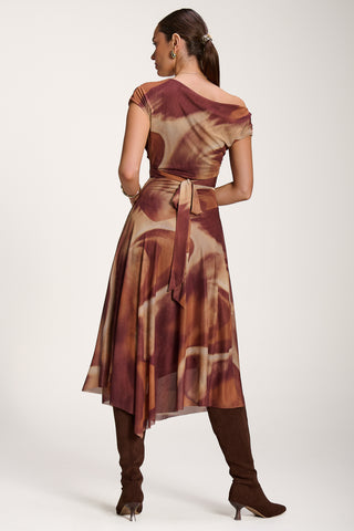 Asymmetric Draped Mesh Dress, Brown Abstract