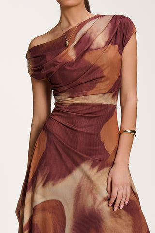 Asymmetric Draped Mesh Dress, Brown Abstract