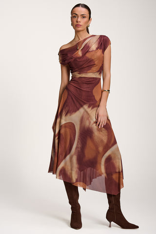 Asymmetric Draped Mesh Dress, Brown Abstract