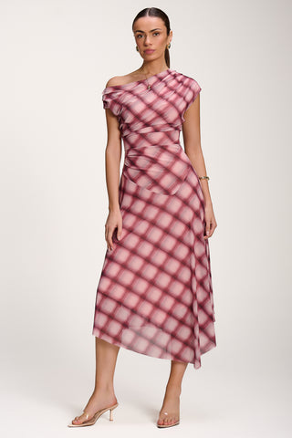 Asymmetric Draped Mesh Dress, Pink Check