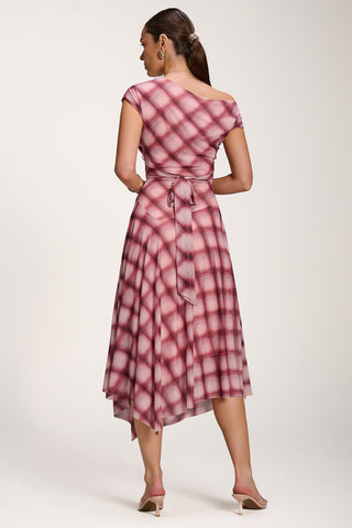 Asymmetric Draped Mesh Dress, Pink Check