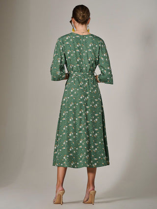 Tie Front Half Sleeve Midi Dress, Green Floral