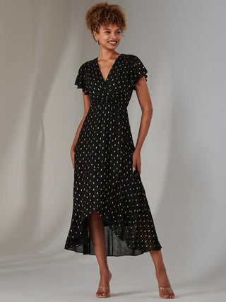 Metallic Spot Textured Chiffon Maxi Dress, Black