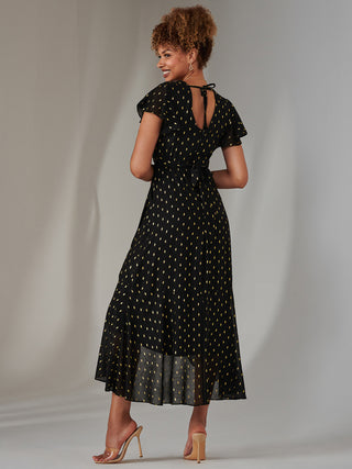 Metallic Spot Textured Chiffon Maxi Dress, Black