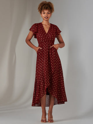 Metallic Spot Textured Chiffon Maxi Dress, Burgundy