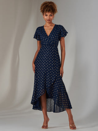 Metallic Spot Textured Chiffon Maxi Dress, Navy