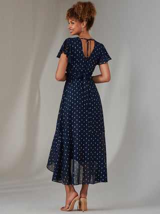 Metallic Spot Textured Chiffon Maxi Dress, Navy