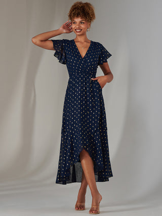Metallic Spot Textured Chiffon Maxi Dress, Navy