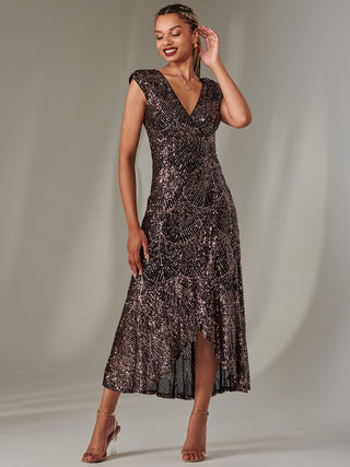 Sequin Ruffle Hem Maxi Dress, Black Rose Gold