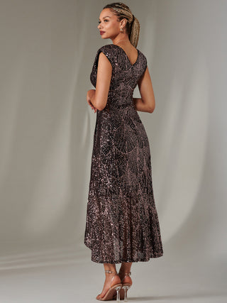 Sequin Ruffle Hem Maxi Dress, Black Rose Gold